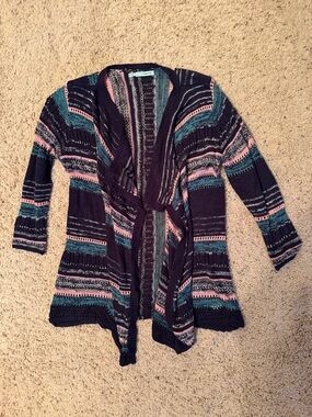 Maurices Open-Front Striped Cardigan Sweater - Navy, Pink & Teal Size Medium